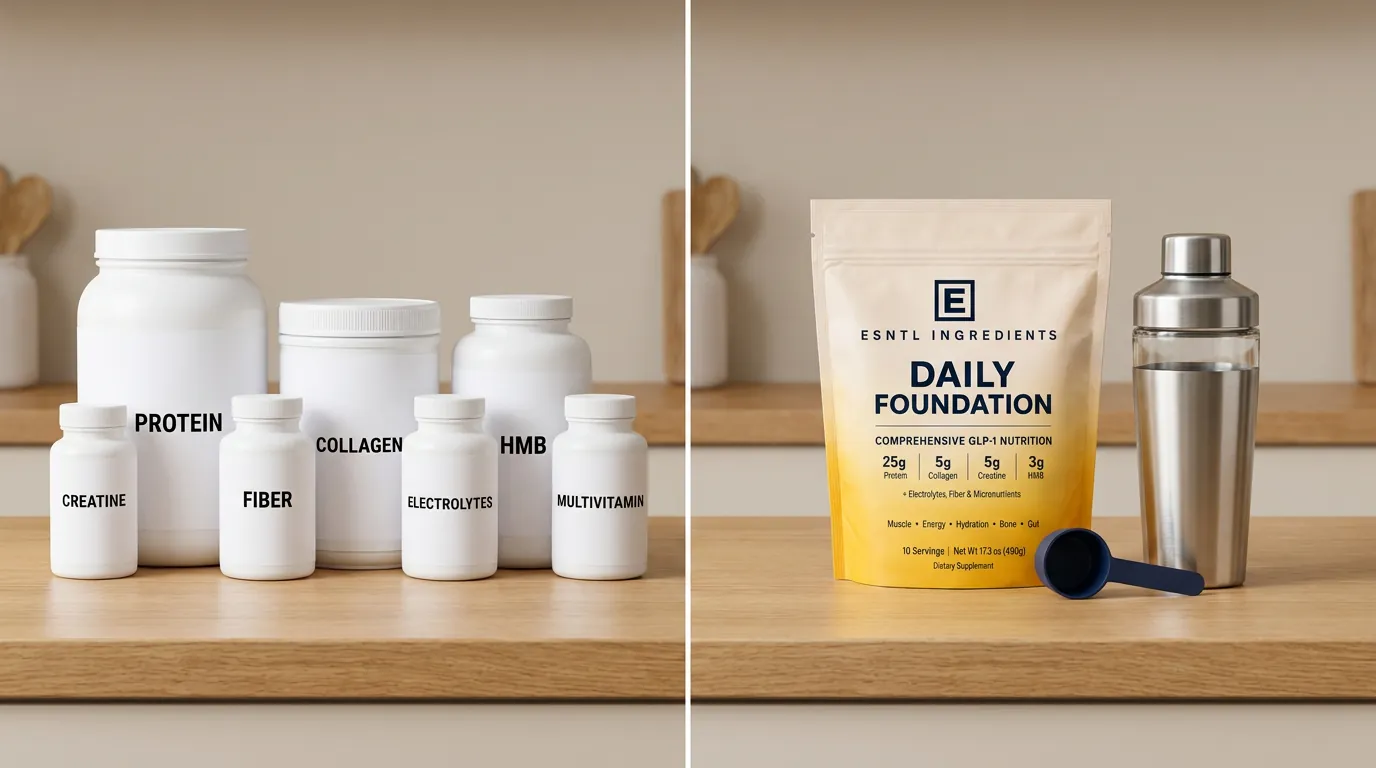 Seven separate supplement bottles compared to one Daily Foundation pouch.