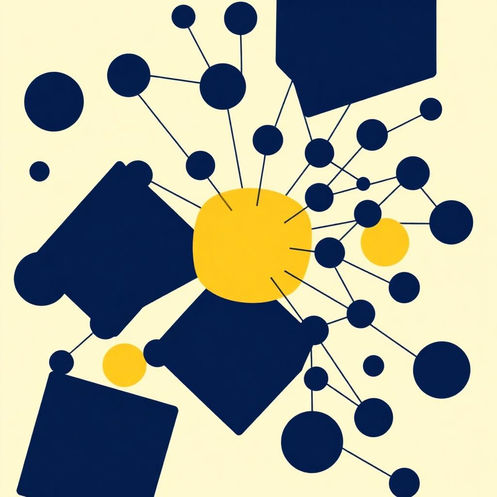 Abstract navy molecule cluster with one plain yellow node highlighted among fancier shapes