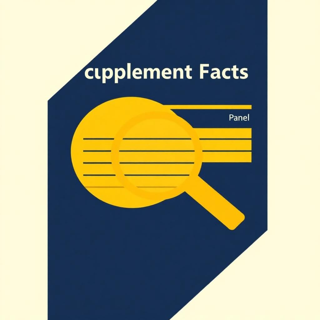 Abstract navy Supplement Facts panel with a yellow magnifying-glass circle over one line