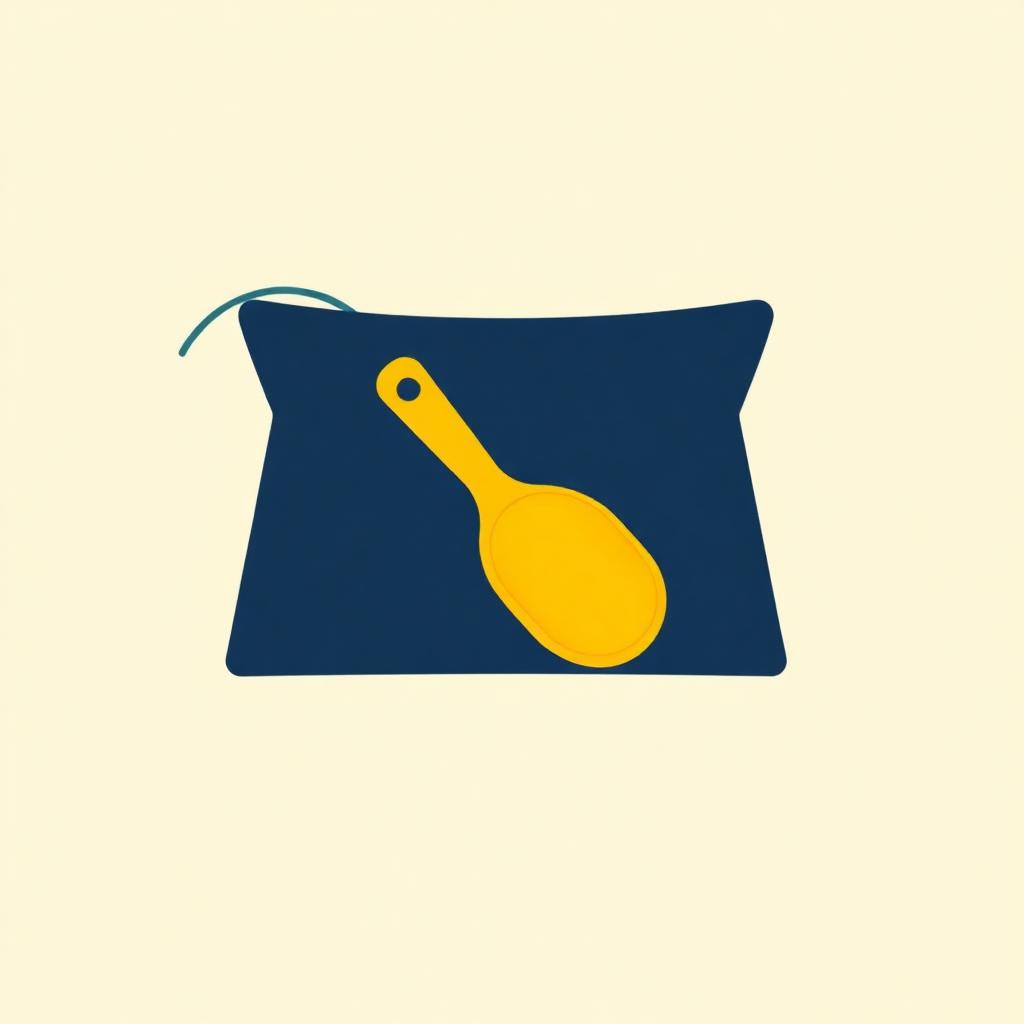 Abstract navy pouch with a yellow scoop resting beside it, clean and simple