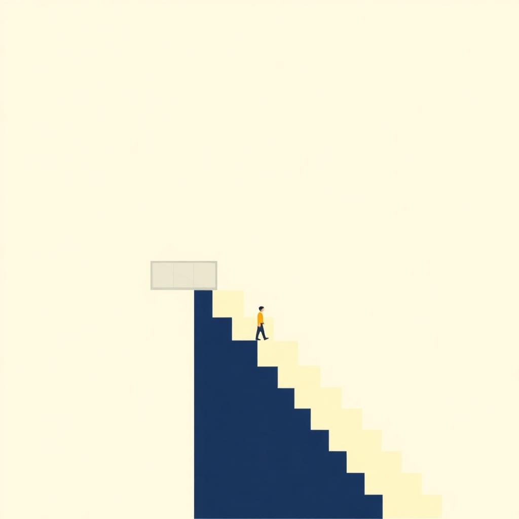 Abstract navy ascending steps with a yellow figure at the base of the climb