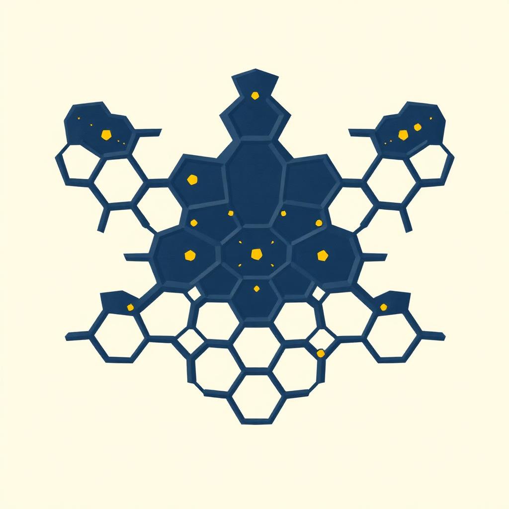 Abstract navy honeycomb bone structure with yellow mineral points at the nodes